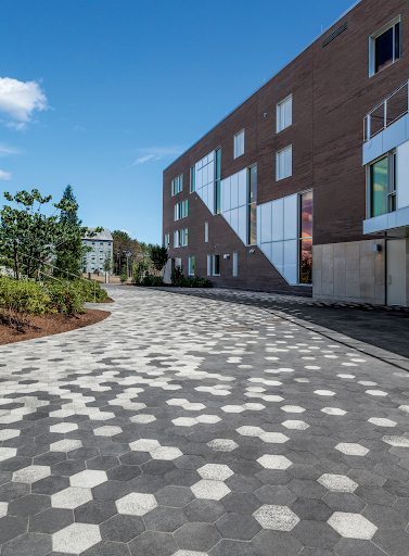 Pavé moderne gris et blanc sur campus universitaire. Motif hexagonal.