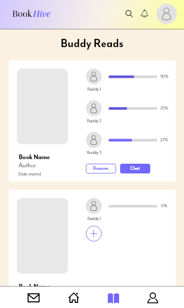 wireframe with colors of the current buddy reads page