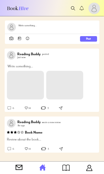 wireframe with colors of the app's feed page